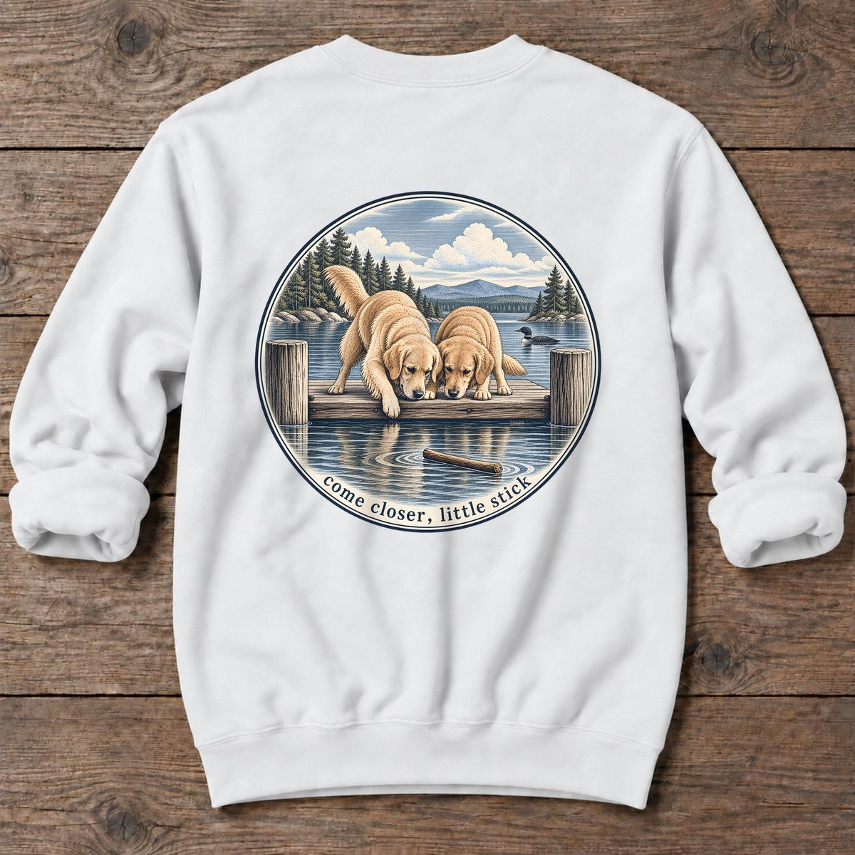 Come Closer Little Stick Golden Retrievers Back Design Midweight Sweatshirt in White, Salty Paws Midweight Sweatshirt, back design flat lay