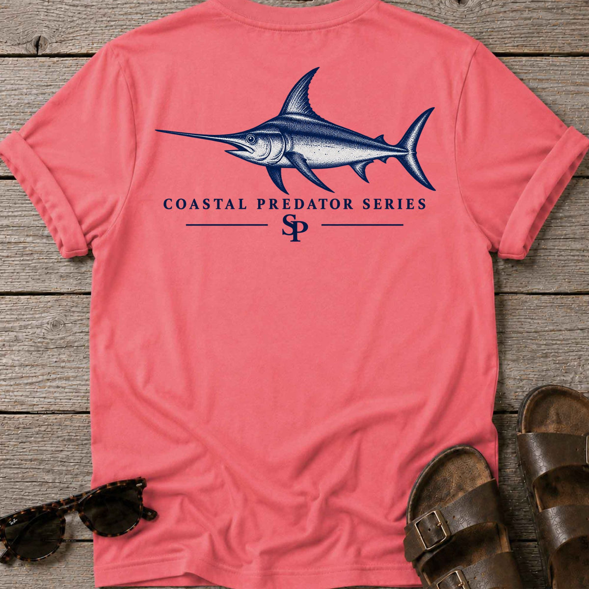 Swordfish Coastal Predator T-Shirt in Coral Silk, Salty Paws coastal t-shirt