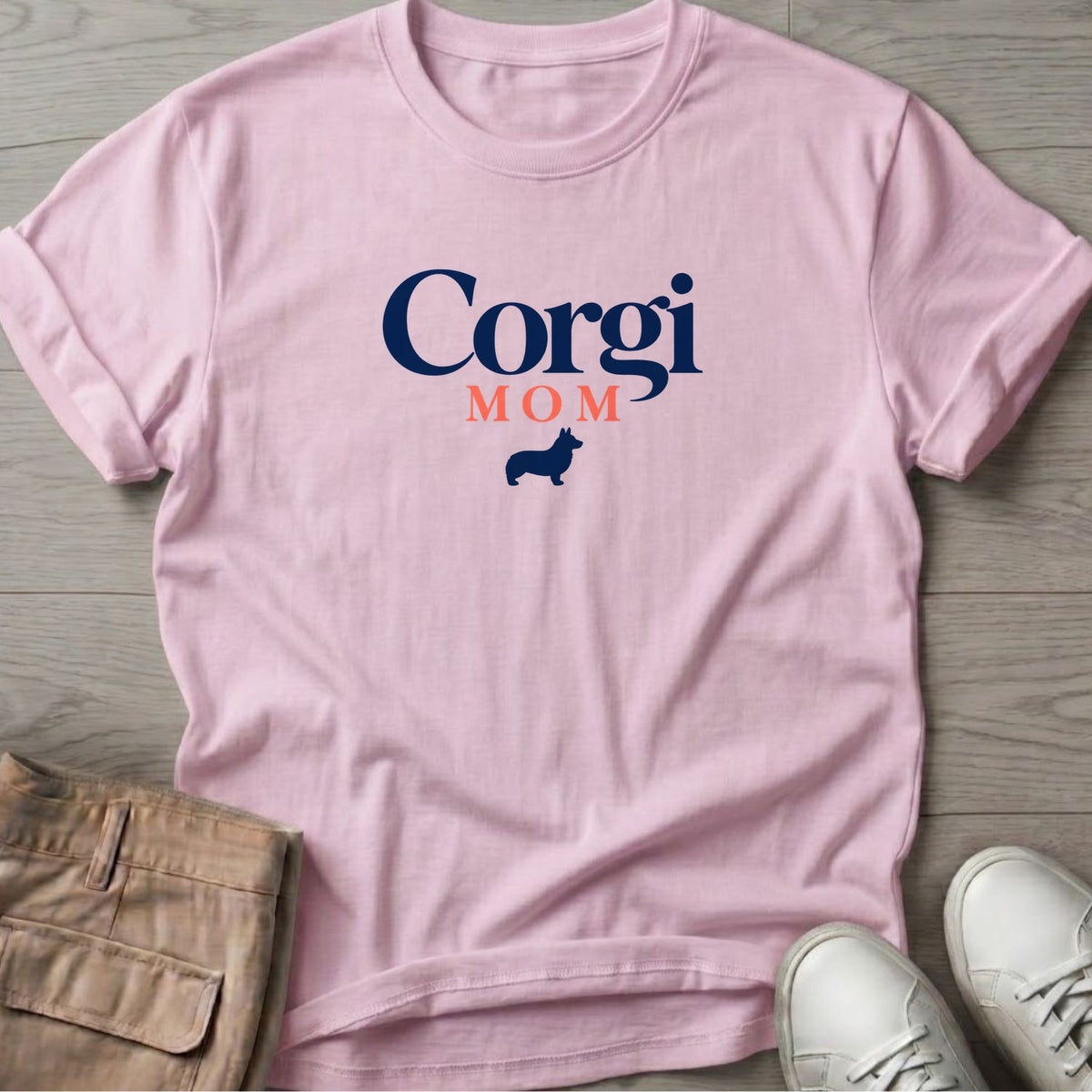 Corgi Mom T-Shirt in Light Pink, Salty Paws coastal t-shirt