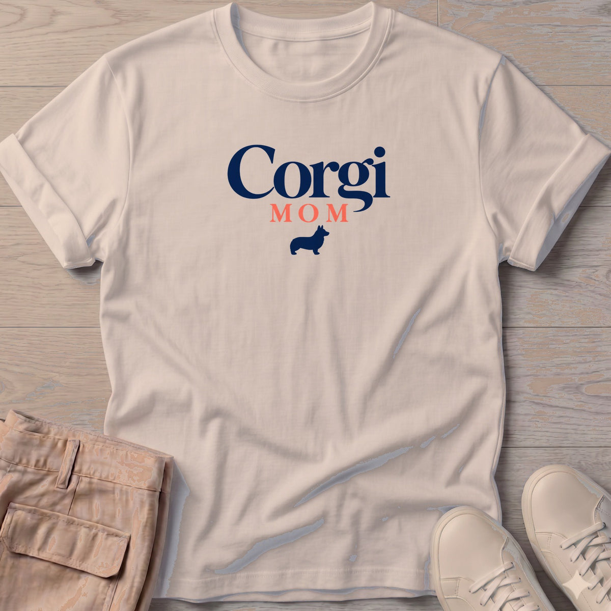 Corgi Mom T-Shirt in Sand, Salty Paws coastal t-shirt