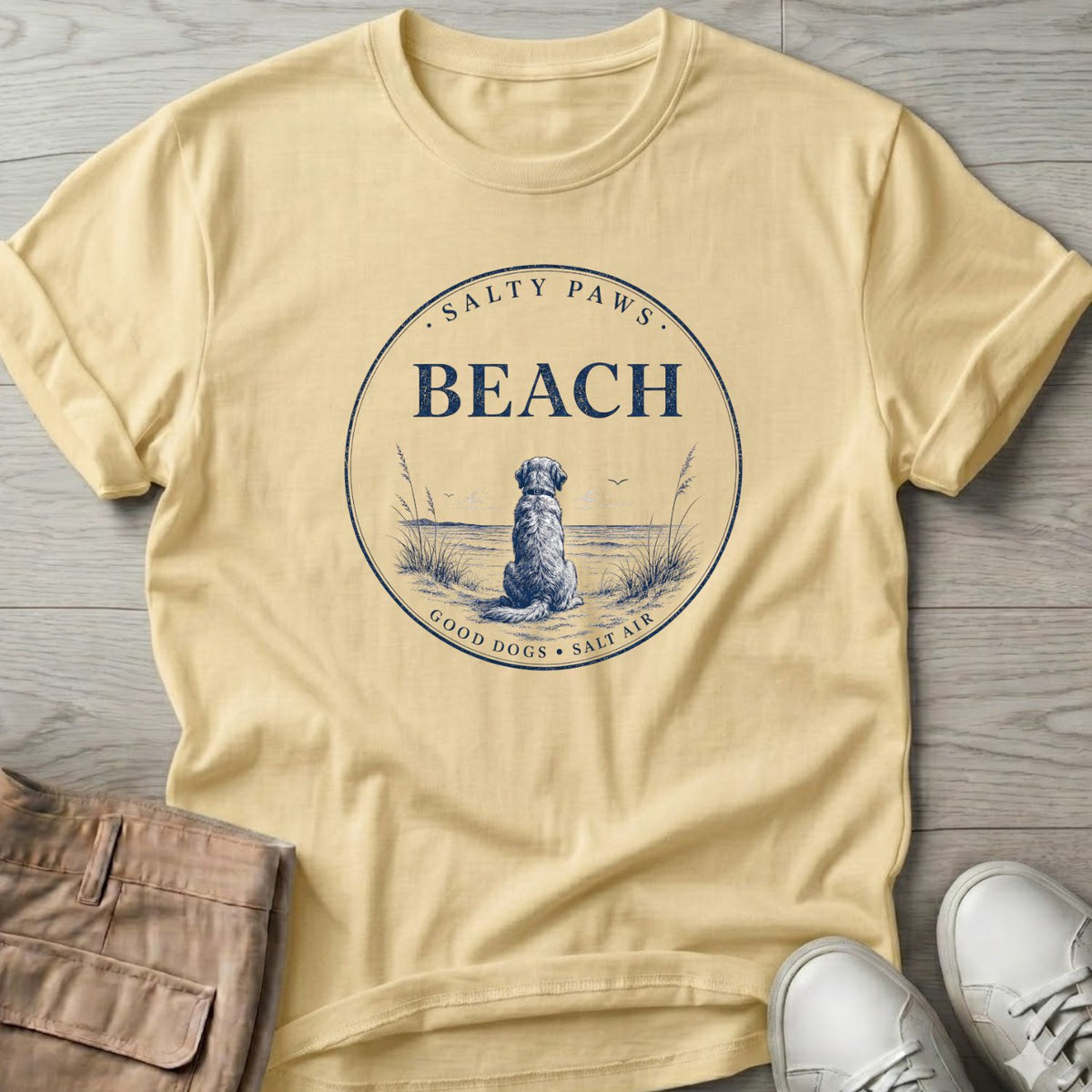 Beach Good Dogs Salt Air T-Shirt in Cornsilk, Salty Paws coastal t-shirt