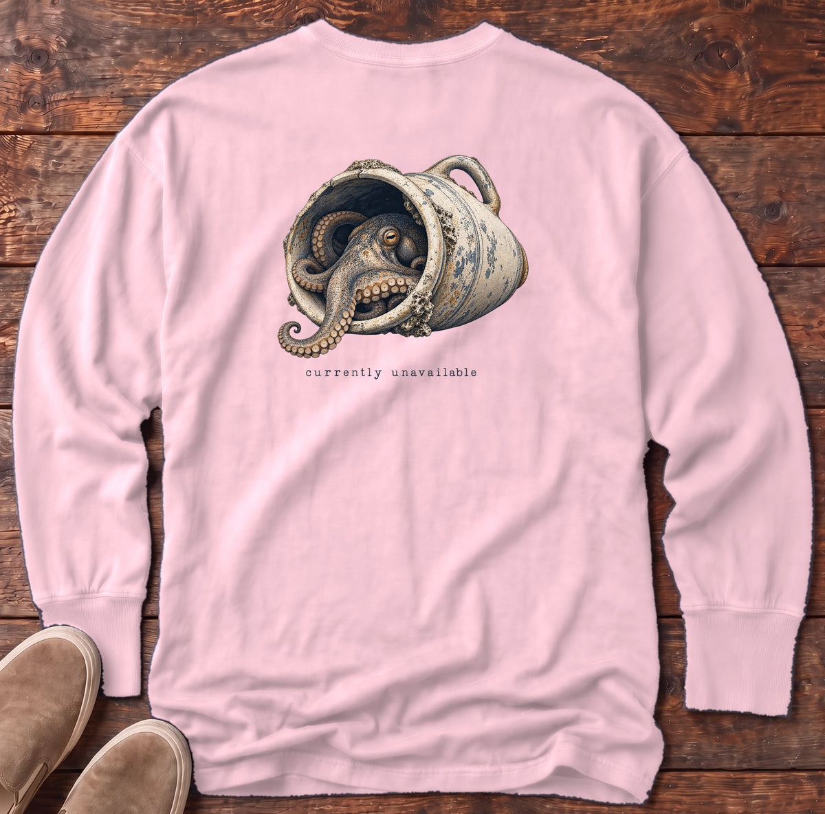 Currently Unavailable Octopus Back Design Long Sleeve Tee Comfort Colors in Blossom, Salty Paws Comfort Colors Long Sleeve Tee, back design flat lay