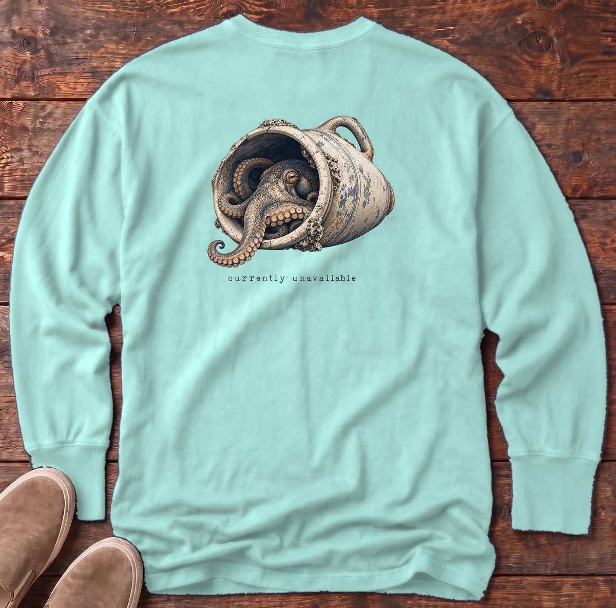Currently Unavailable Octopus Back Design Long Sleeve Tee Comfort Colors in Chalky Mint, Salty Paws Comfort Colors Long Sleeve Tee, back design flat lay