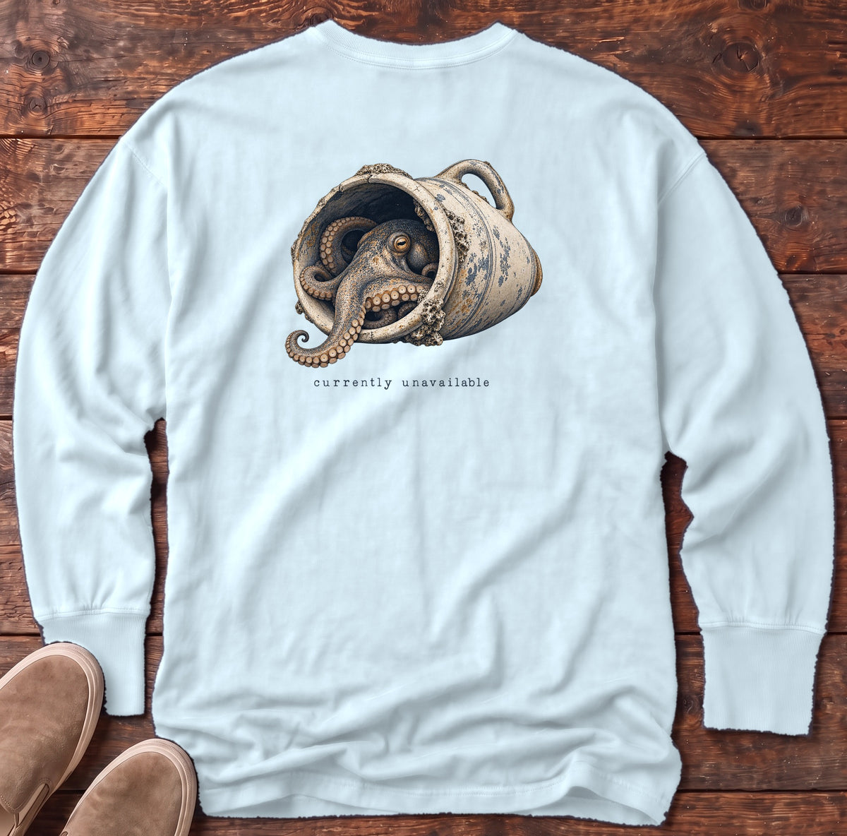 Currently Unavailable Octopus Back Design Long Sleeve Tee Comfort Colors in Chambray, Salty Paws Comfort Colors Long Sleeve Tee, back design flat lay