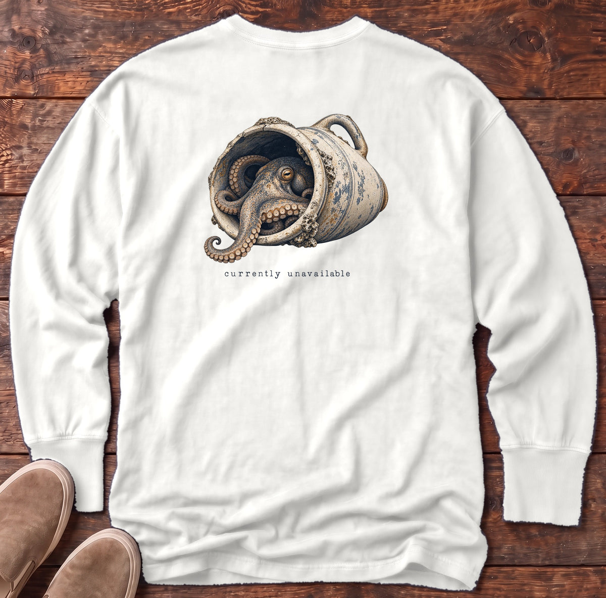 Currently Unavailable Octopus Back Design Long Sleeve Tee Comfort Colors in White, Salty Paws Comfort Colors Long Sleeve Tee, back design flat lay