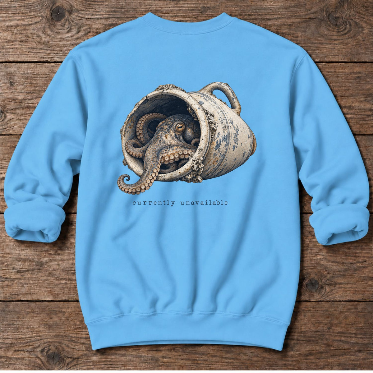 Currently Unavailable Octopus Back Design Midweight Sweatshirt in Sky, Salty Paws Midweight Sweatshirt, back design flat lay