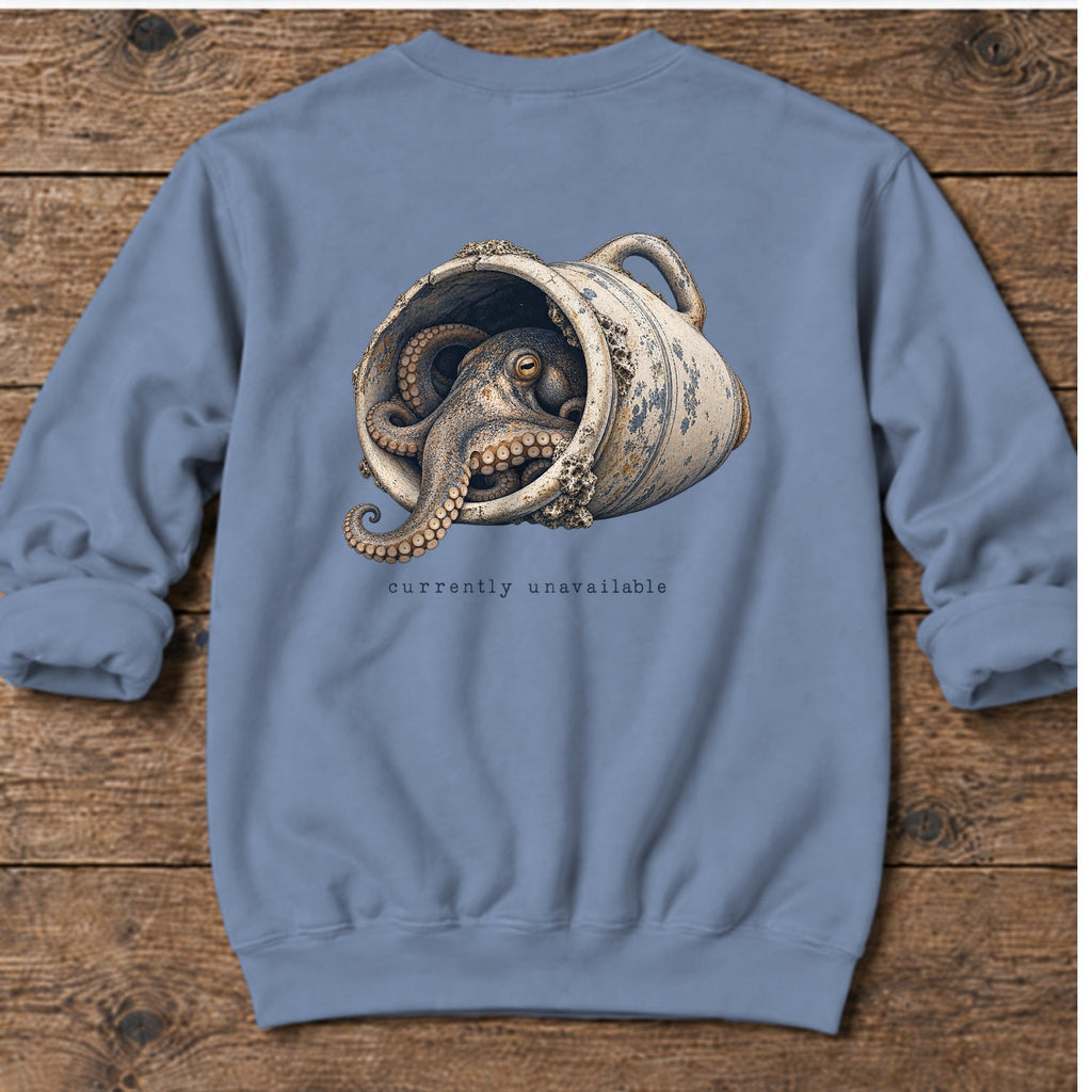 Currently Unavailable Octopus Back Design Midweight Sweatshirt in Stone Blue, Salty Paws Midweight Sweatshirt, back design flat lay