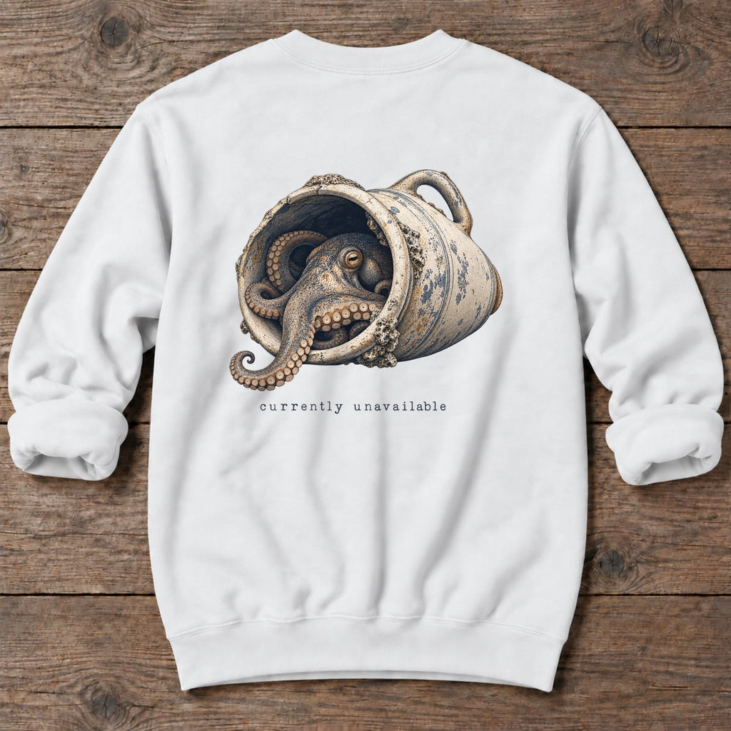 Currently Unavailable Octopus Back Design Midweight Sweatshirt in White, Salty Paws Midweight Sweatshirt, back design flat lay