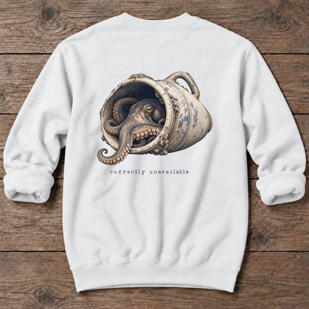 Currently Unavailable Octopus Back Design Midweight Sweatshirt in White, Salty Paws Midweight Sweatshirt, back design flat lay