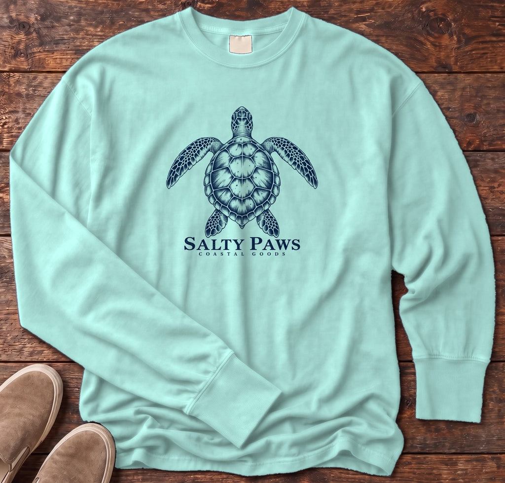 Sea Turtle Coastal Goods Long Sleeve Tee in Chalky Mint, Salty Paws Comfort Colors Long Sleeve Tee, front design flat lay