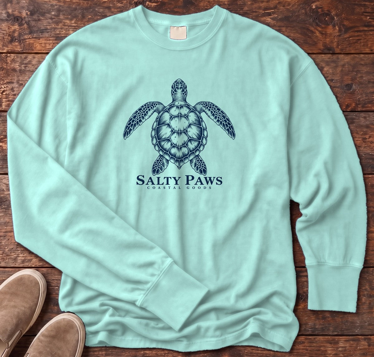 Sea Turtle Coastal Goods Long Sleeve Tee in Chalky Mint, Salty Paws Comfort Colors Long Sleeve Tee, front design flat lay
