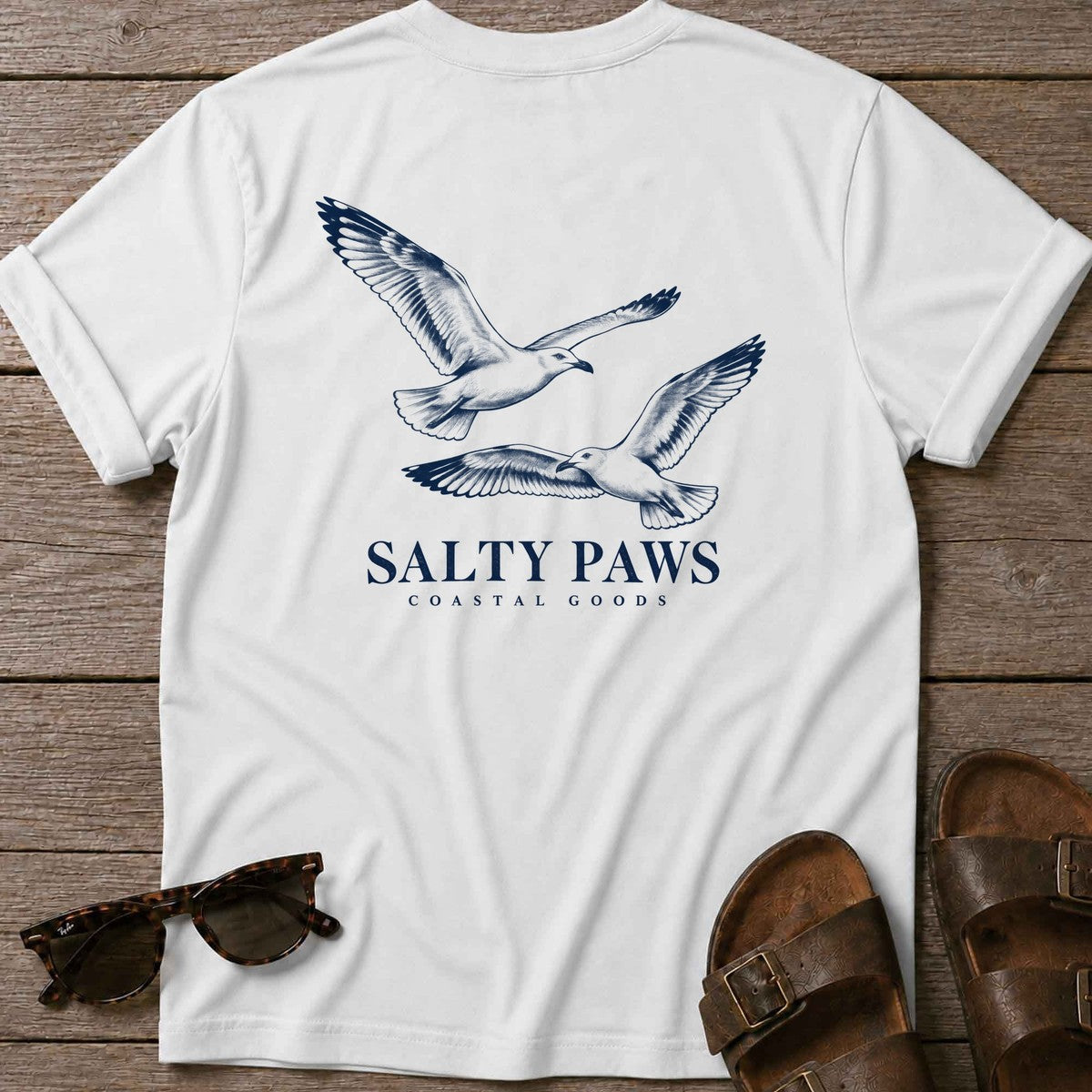 Gull Flight Coastal Goods Back Design T-Shirt in White, Salty Paws T-Shirt, back design flat lay
