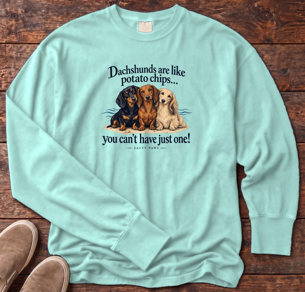 Three Dachshunds Potato Chips Long Sleeve Tee in Chalky Mint, Salty Paws Comfort Colors Long Sleeve Tee, front design flat lay