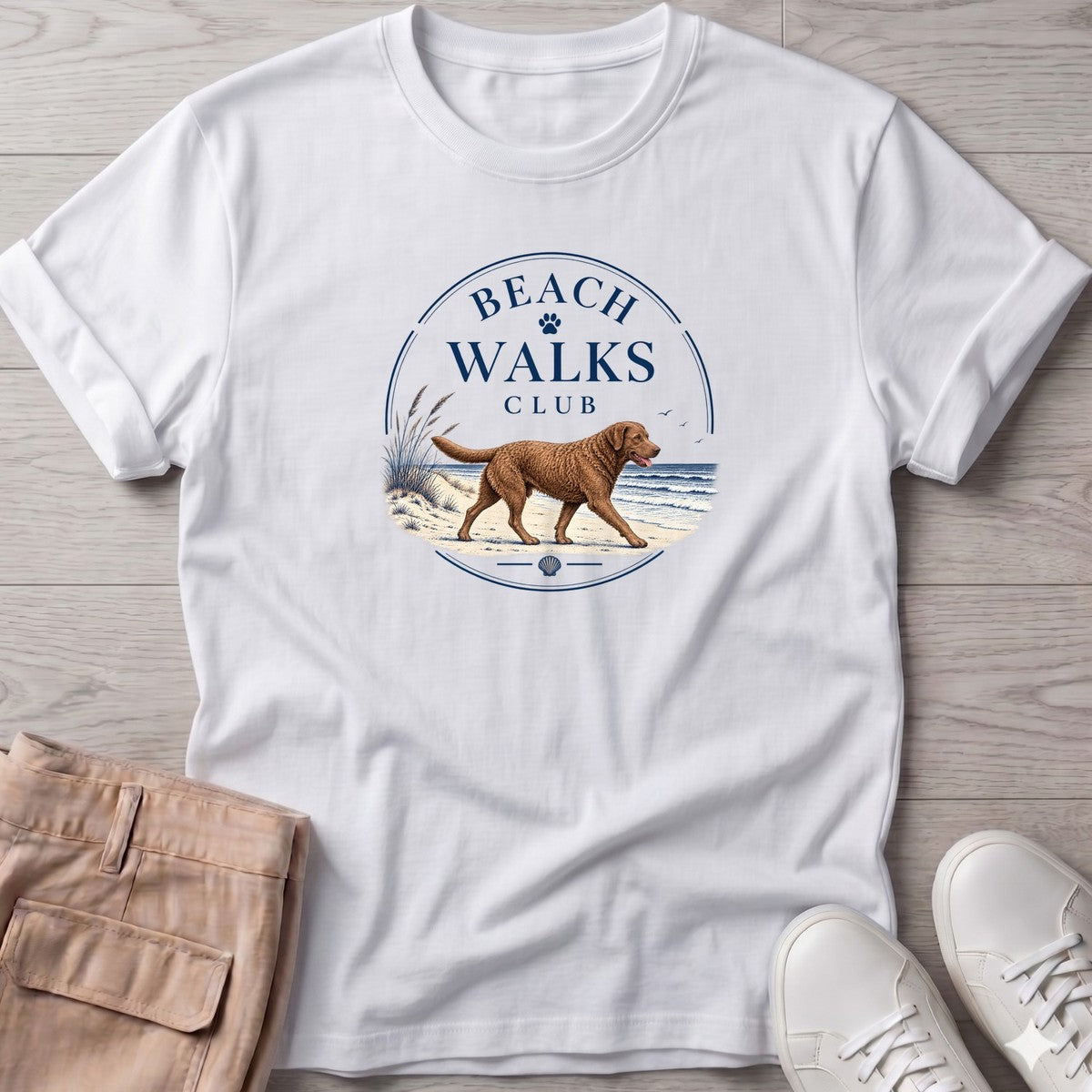 Chesapeake Bay Retriever Beach Walks Club T-Shirt in White, Salty Paws coastal t-shirt