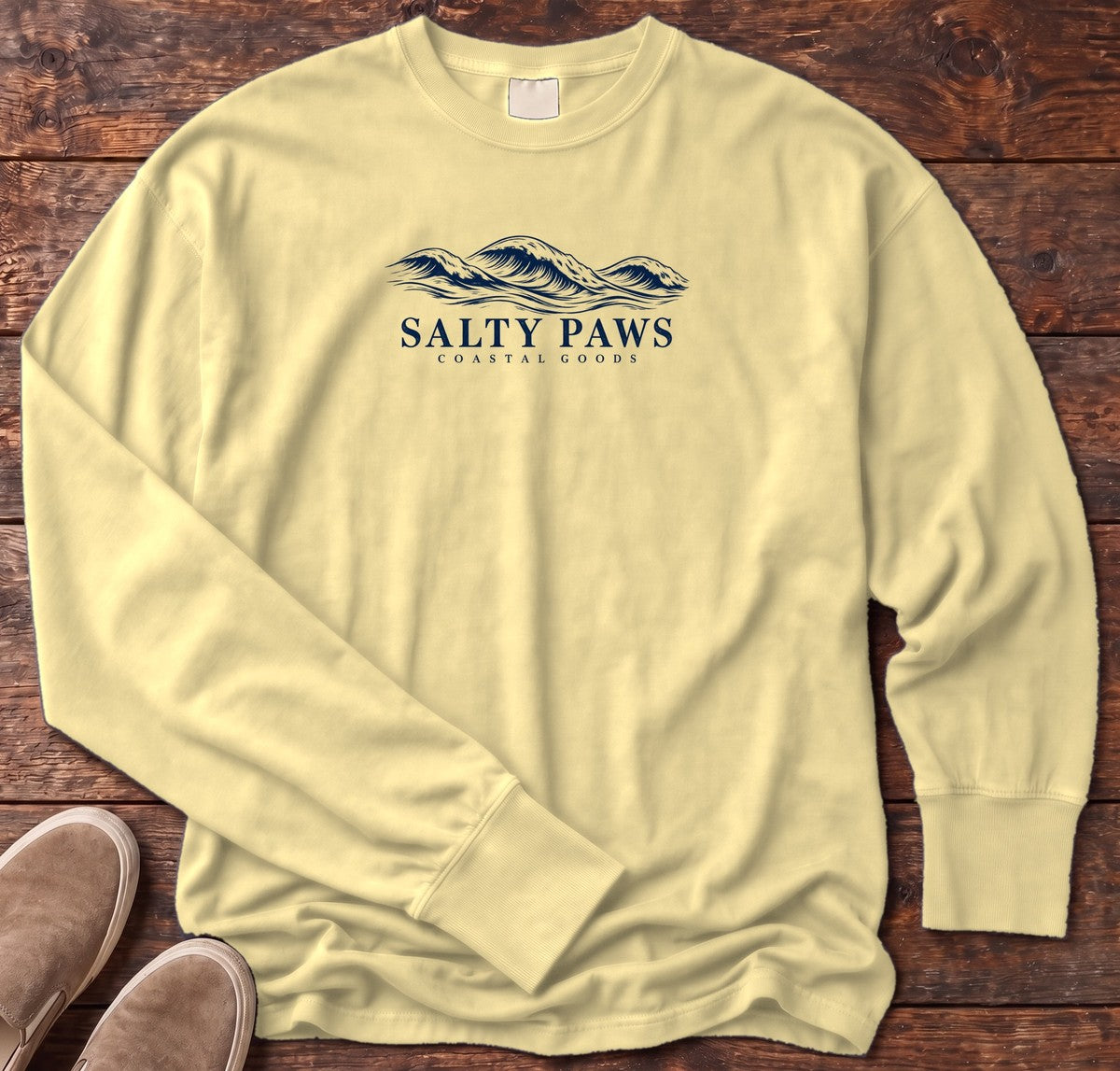 Salty Paws Coastal Swell Long Sleeve Tee in Butter, Salty Paws Comfort Colors Long Sleeve Tee, front design flat lay