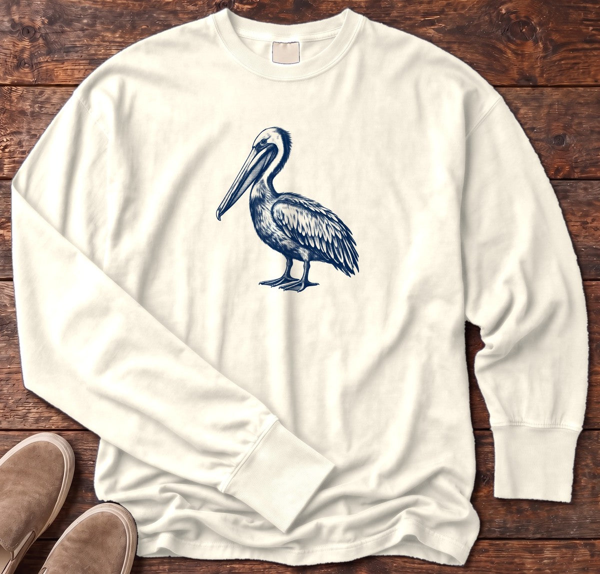 Navy Pelican Portrait Long Sleeve Tee in Ivory, Salty Paws Comfort Colors Long Sleeve Tee, front design flat lay