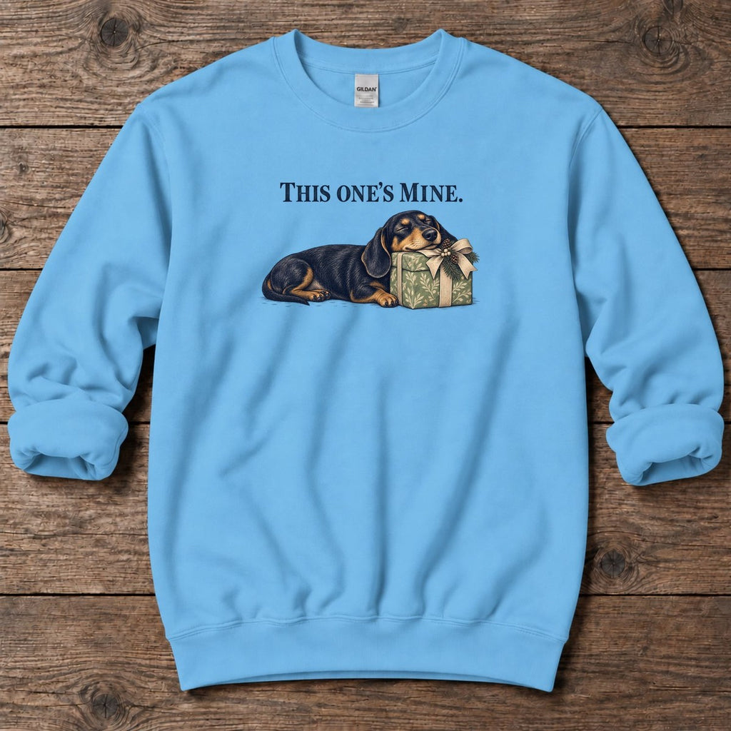 This One's Mine Dachshund Midweight Sweatshirt in Sky, Salty Paws Midweight Sweatshirt, front design flat lay