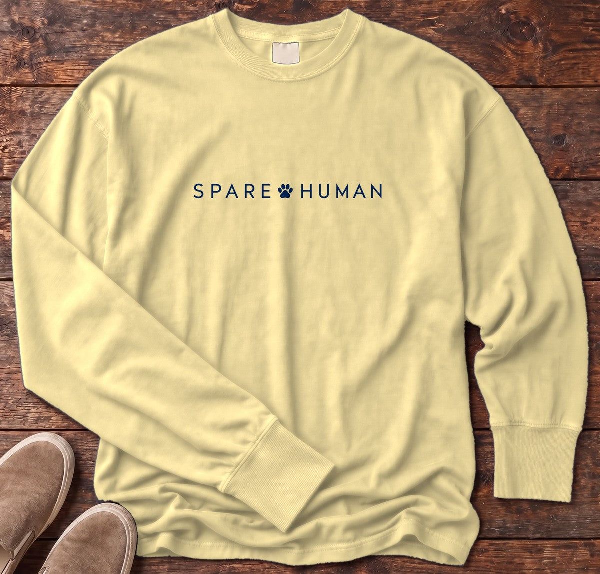Spare Human Long Sleeve Tee in Butter, Salty Paws Comfort Colors Long Sleeve Tee, front design flat lay