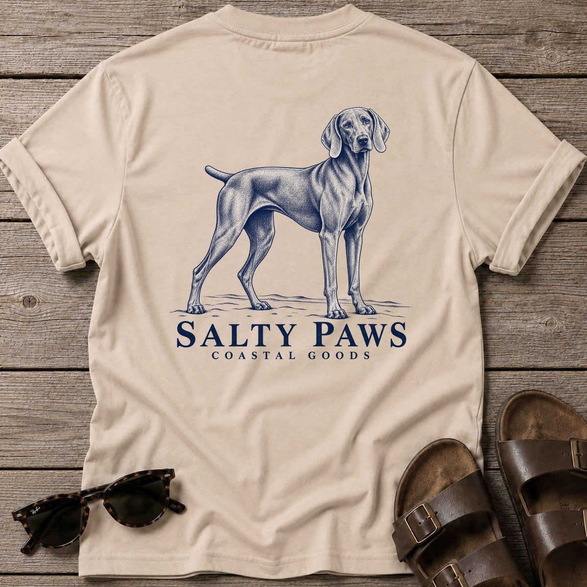 Weimaraner Coastal Goods Back Design T-Shirt in Sand, Salty Paws T-Shirt, back design flat lay