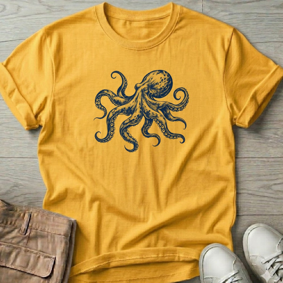 Octopus T-Shirt in Daisy, Salty Paws T-Shirt, front design flat lay