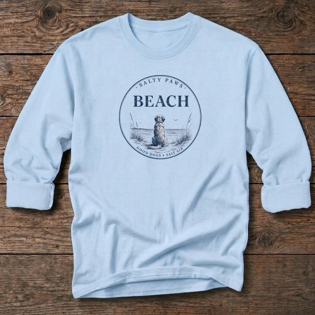 Beach Good Dogs Salt Air T-Shirt in Light Blue, Salty Paws coastal long sleeve tee