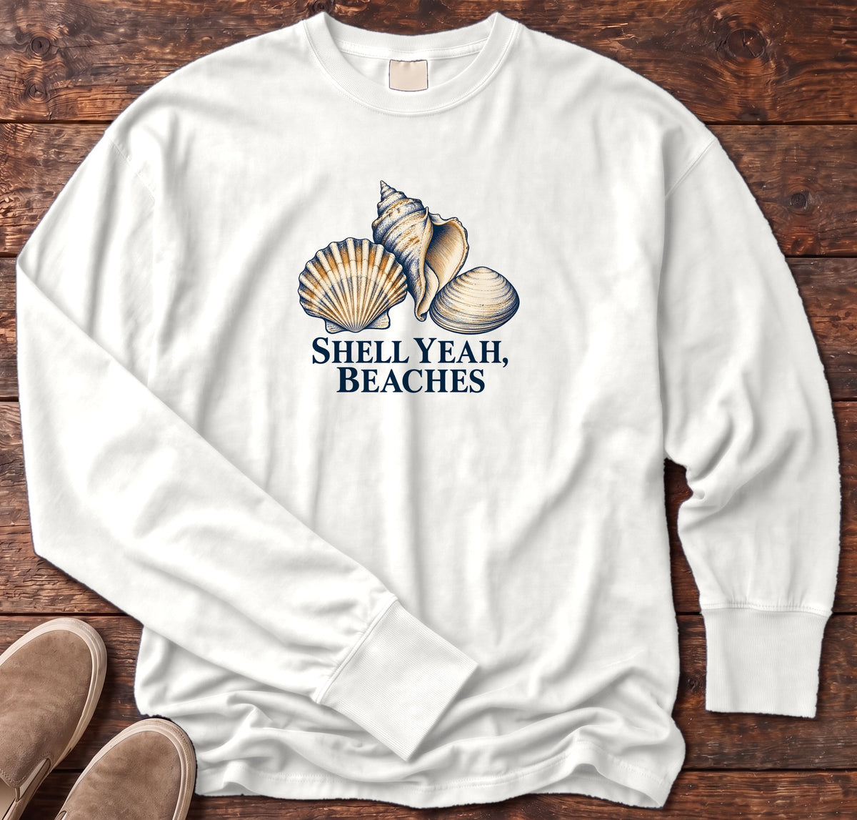 Shell Yeah Beaches Long Sleeve Tee in White, Salty Paws Comfort Colors Long Sleeve Tee, front design flat lay