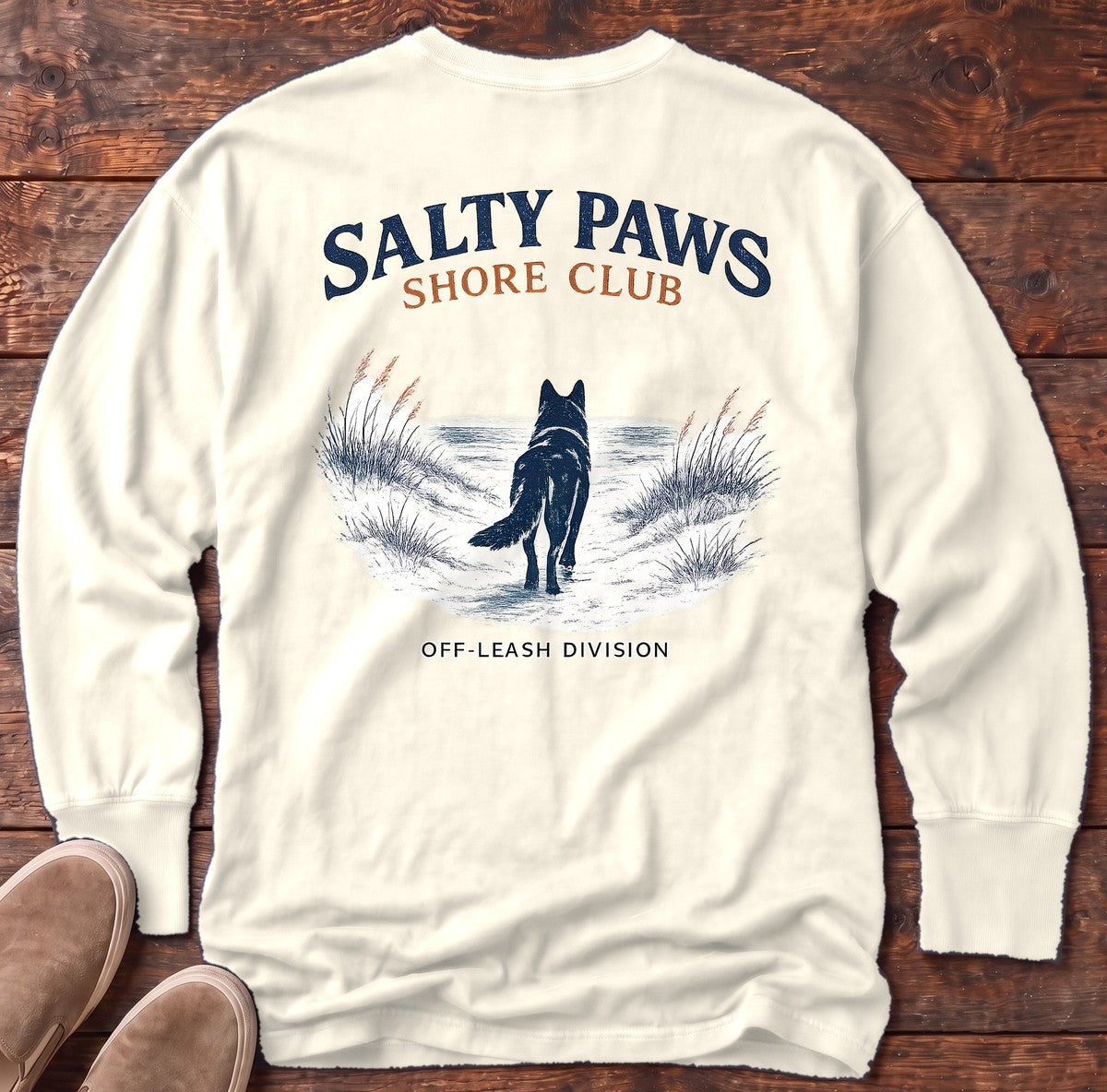 SP Shore Shepherd Back Design Long Sleeve Tee in Ivory, Salty Paws Comfort Colors long sleeve tee
