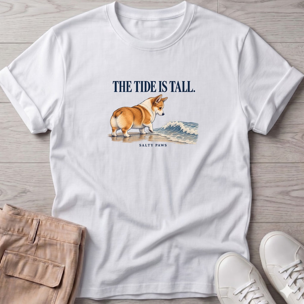 The Tide Is Tall Corgi T-Shirt in White, Salty Paws T-Shirt, front design flat lay