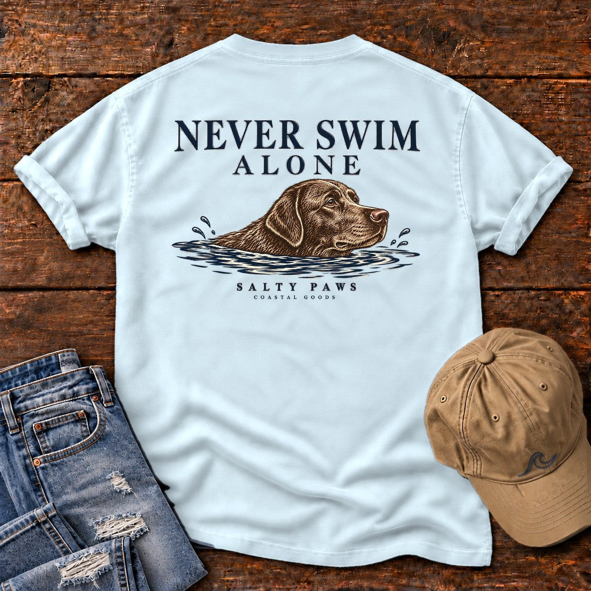 Never Swim Alone Chocolate Lab Back Design Comfort Colors T-Shirt in Chambray, back design flat lay
