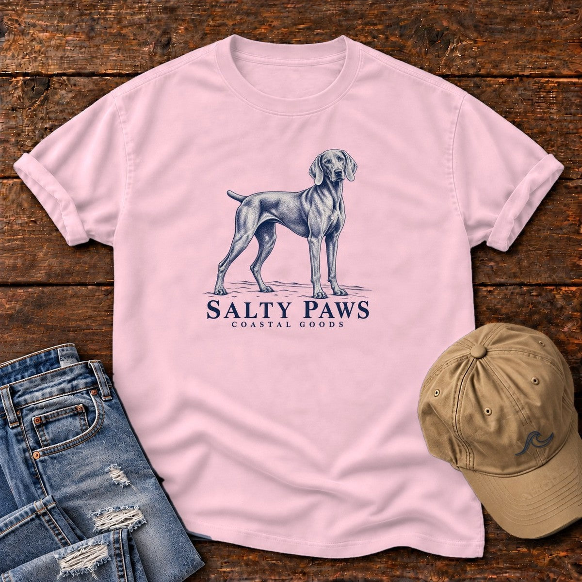 Weimaraner Coastal Goods T-Shirt in Blossom, Salty Paws Comfort Colors T-Shirt, front design flat lay