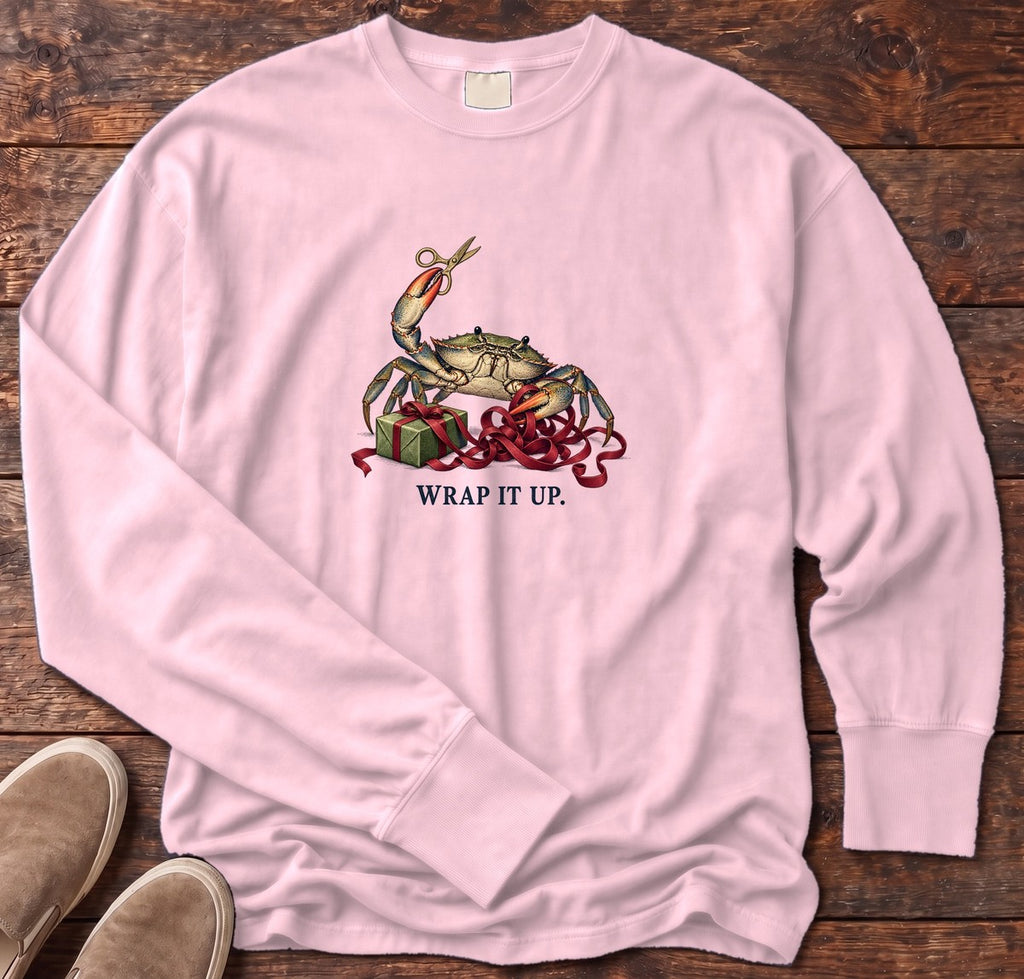 Wrap It Up Crab Long Sleeve Tee in Blossom, Salty Paws Comfort Colors Long Sleeve Tee, front design flat lay