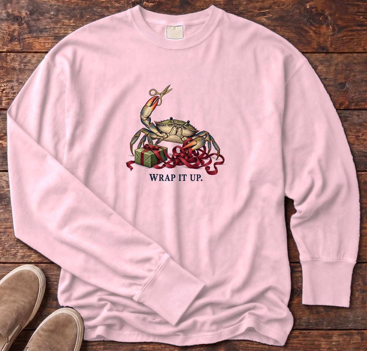 Wrap It Up Crab Long Sleeve Tee in Blossom, Salty Paws Comfort Colors Long Sleeve Tee, front design flat lay