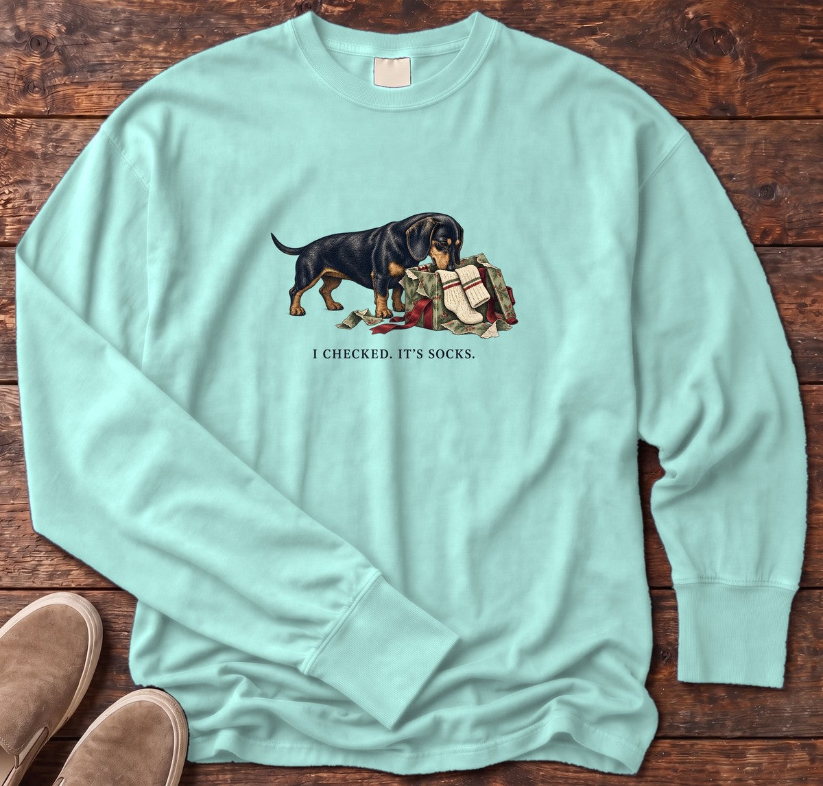 I Checked It's Socks Dachshund Long Sleeve Tee in Chalky Mint, Salty Paws Comfort Colors Long Sleeve Tee, front design flat lay