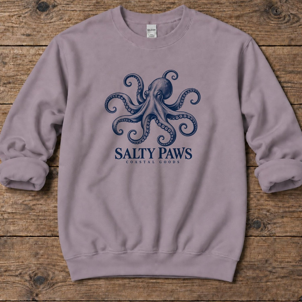 Octopus Coastal Goods Midweight Sweatshirt in Paragon, Salty Paws Midweight Sweatshirt, front design flat lay