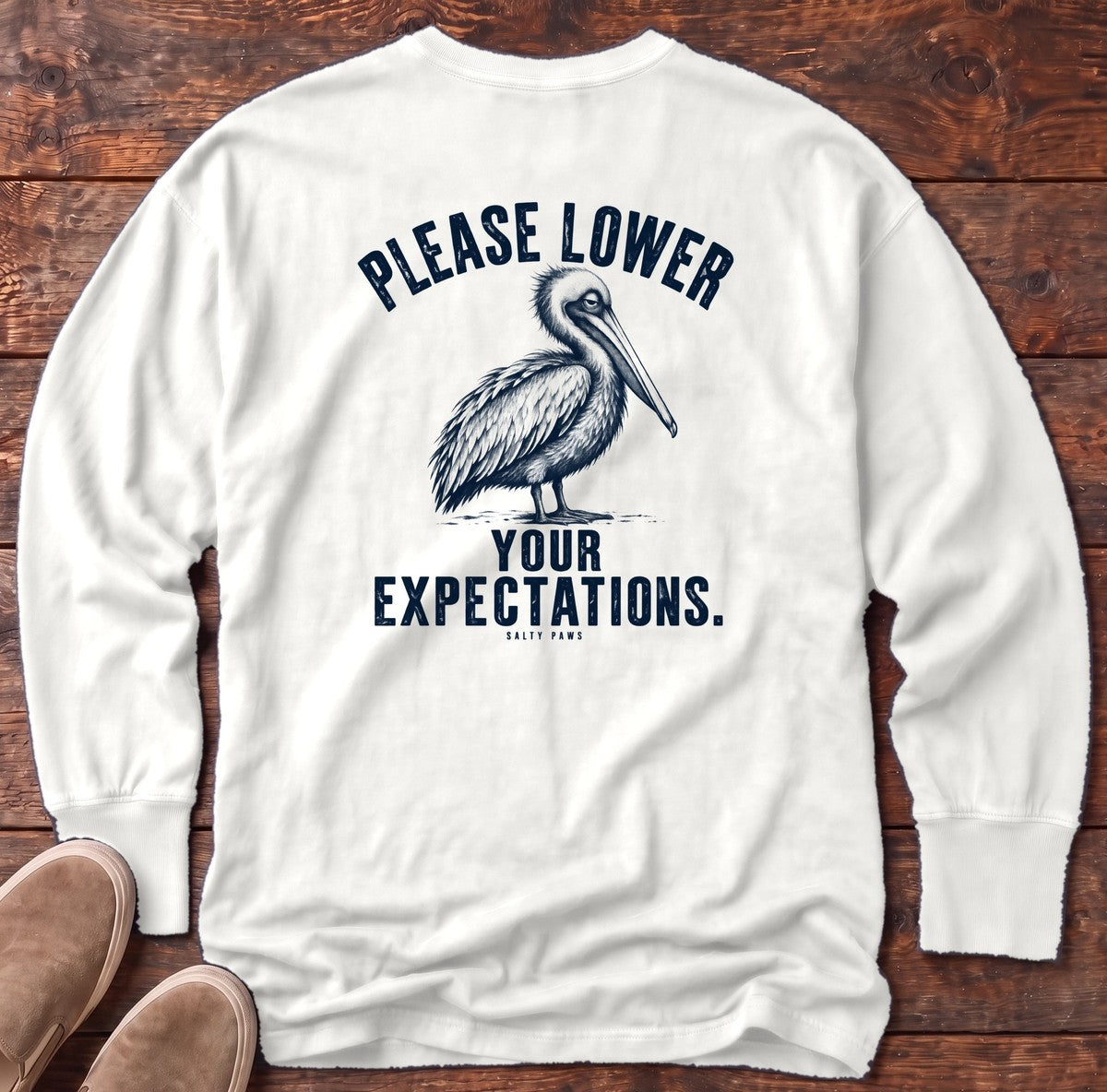 Please Lower Your Expectations Pelican Back Design Long Sleeve Tee in White, Salty Paws Comfort Colors Long Sleeve Tee, back design flat lay