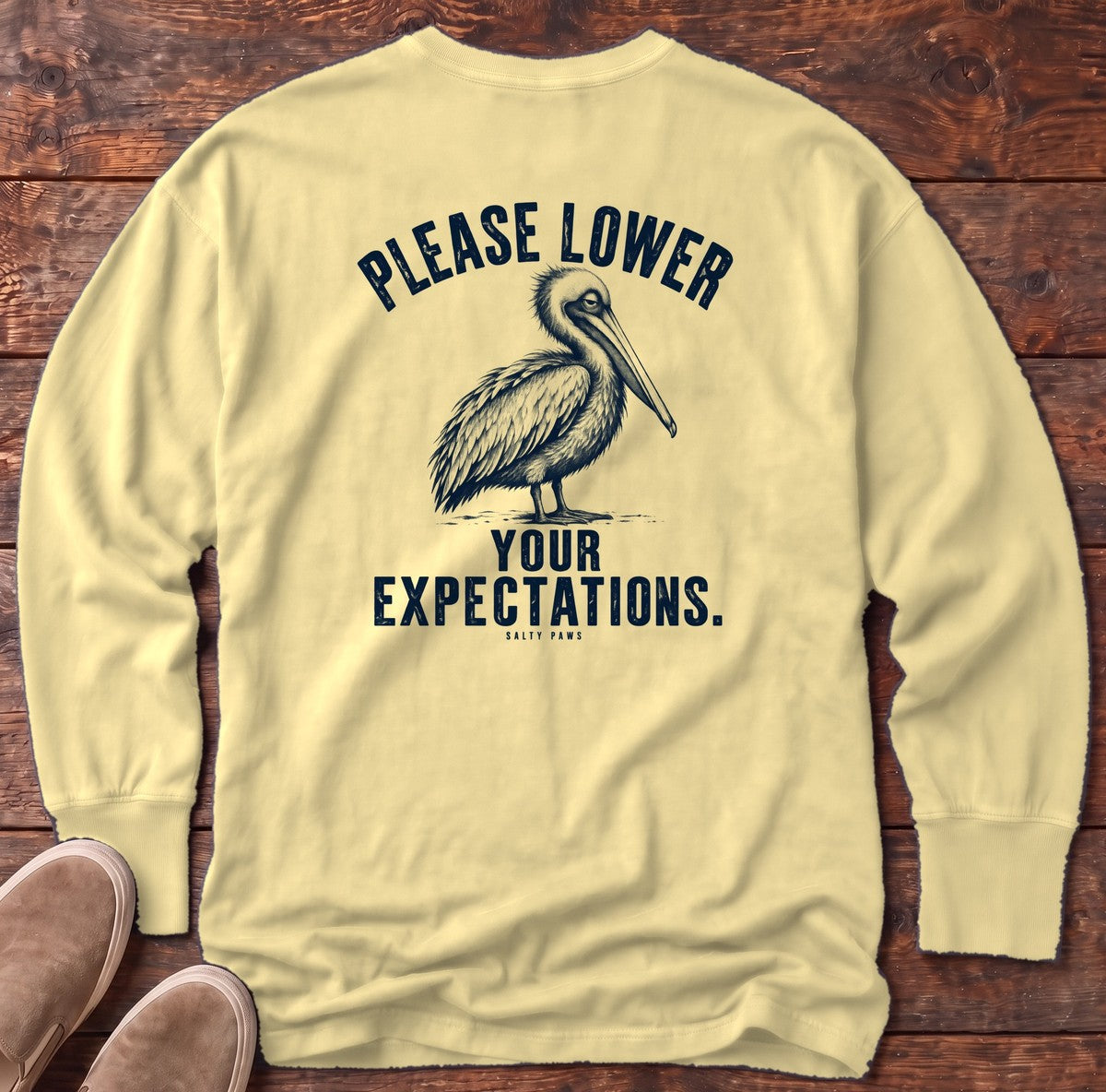 Please Lower Your Expectations Pelican Back Design Long Sleeve Tee in Butter, Salty Paws Comfort Colors Long Sleeve Tee, back design flat lay