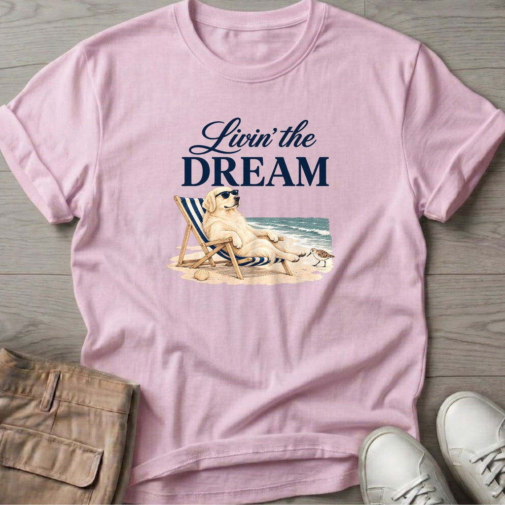 Livin' the Dream Cream Retriever T-Shirt in Light Pink, Salty Paws coastal t-shirt