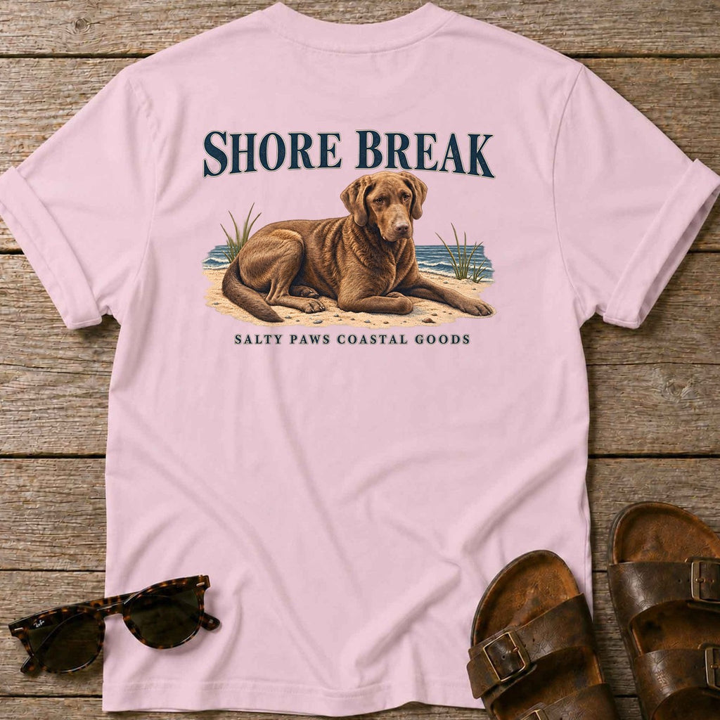 Shore Break Chesapeake Bay Retriever Back Design T-Shirt in Light Pink, Salty Paws coastal t-shirt