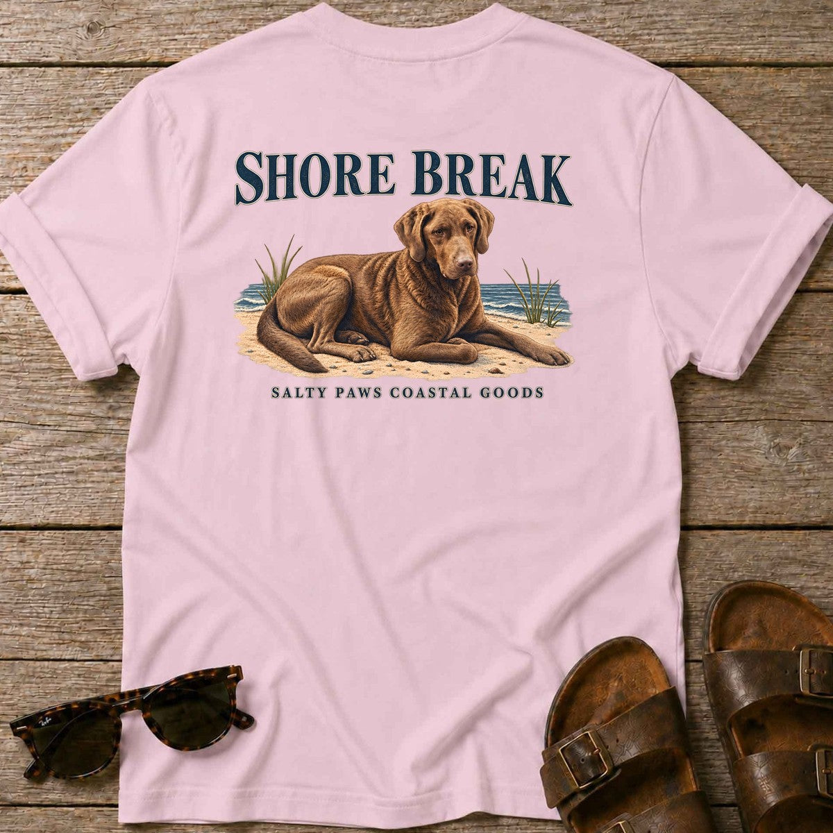 Shore Break Chesapeake Bay Retriever Back Design T-Shirt in Light Pink, Salty Paws coastal t-shirt