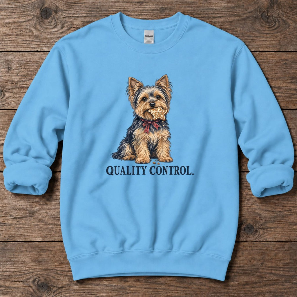 Quality Control Yorkie Midweight Sweatshirt in Sky, Salty Paws Midweight Sweatshirt, front design flat lay