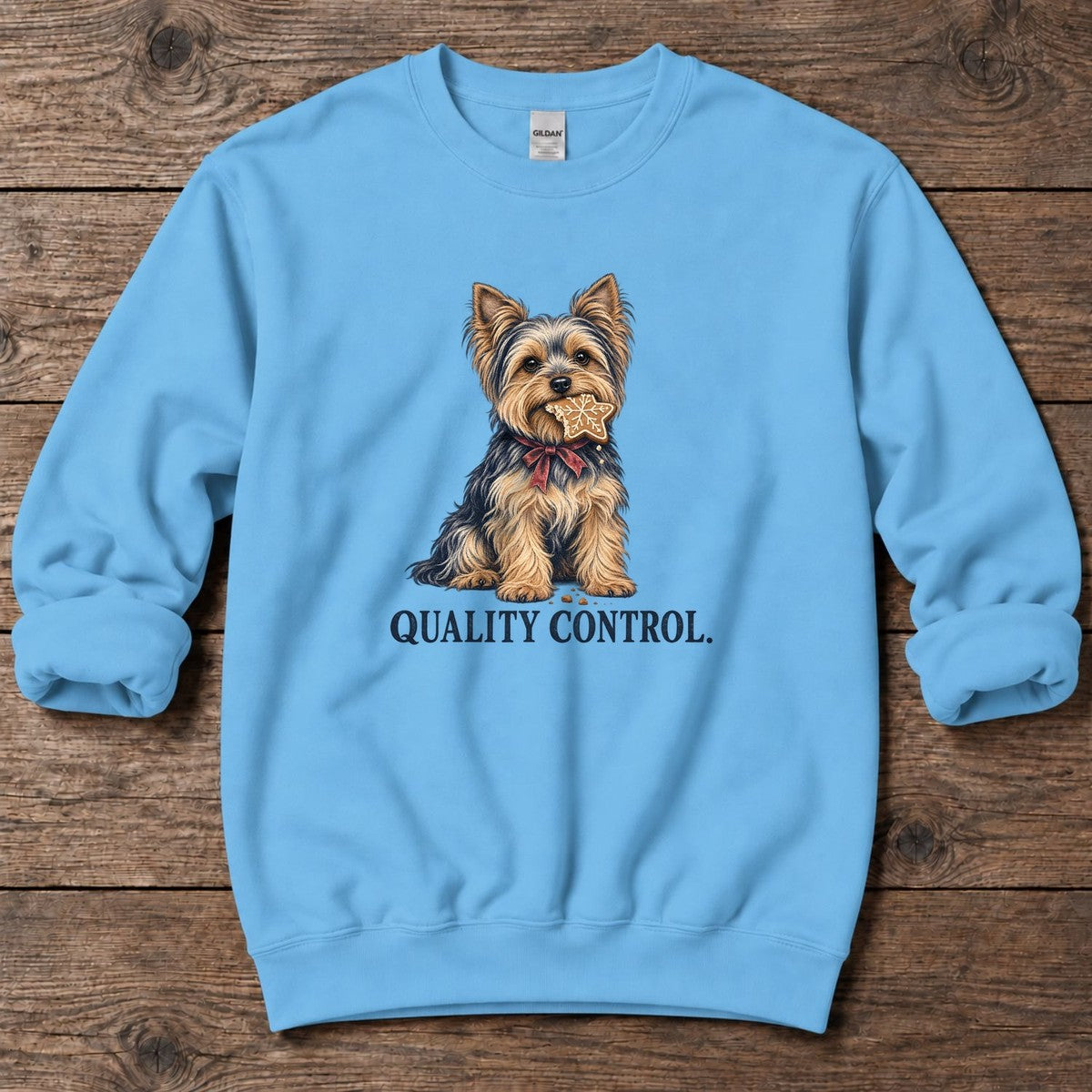 Quality Control Yorkie Midweight Sweatshirt in Sky, Salty Paws Midweight Sweatshirt, front design flat lay