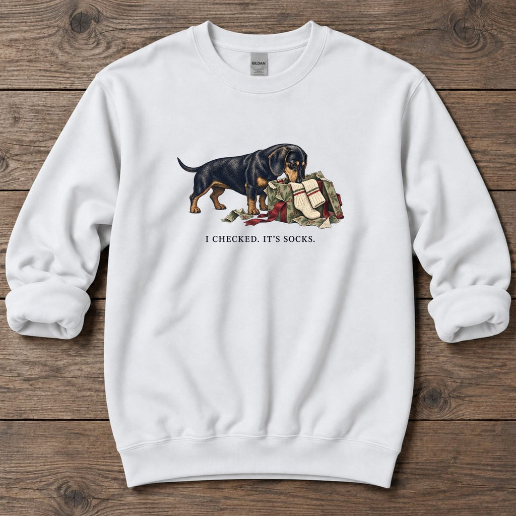 I Checked It's Socks Dachshund Midweight Sweatshirt in White, Salty Paws Midweight Sweatshirt, front design flat lay