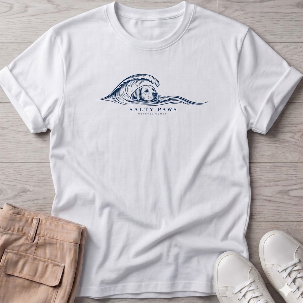 Labrador Wave T-Shirt in White, Salty Paws T-Shirt, front design flat lay