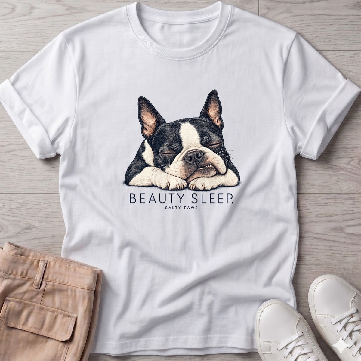Beauty Sleep Boston Terrier T-Shirt in White, Salty Paws T-Shirt, front design flat lay