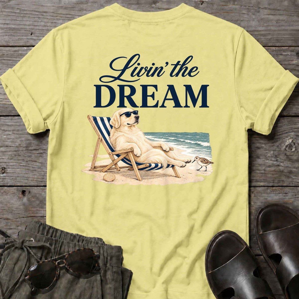 Livin' the Dream Cream Retriever Back Design T-Shirt in Cornsilk, Salty Paws coastal t-shirt