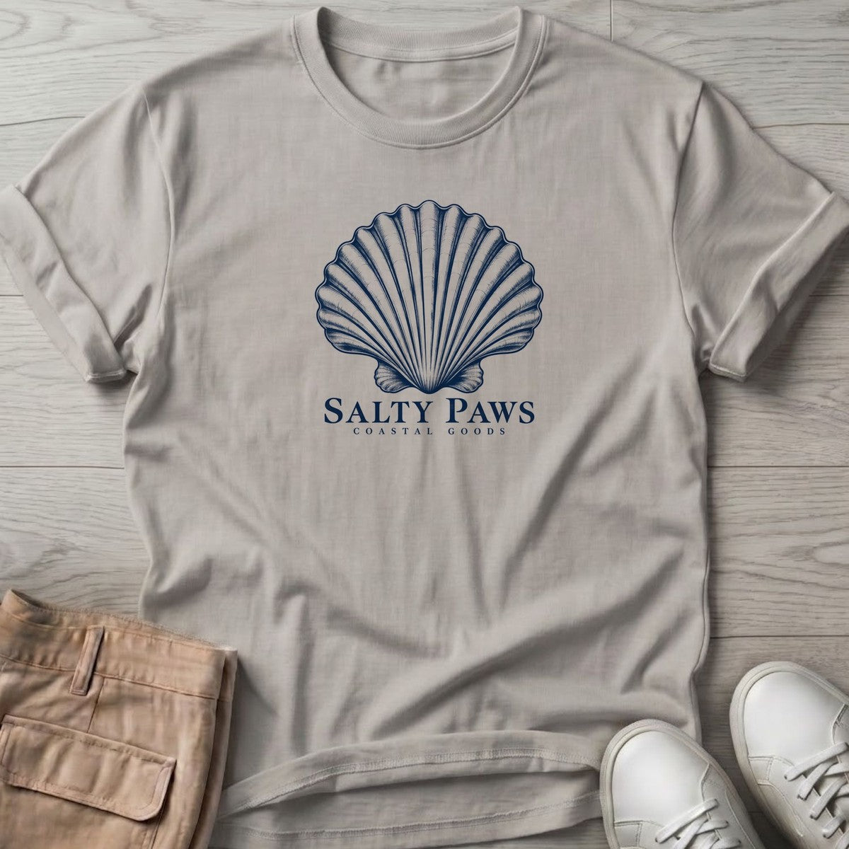 Scallop Shell Coastal Goods T-Shirt in Ice Grey, Salty Paws T-Shirt, front design flat lay