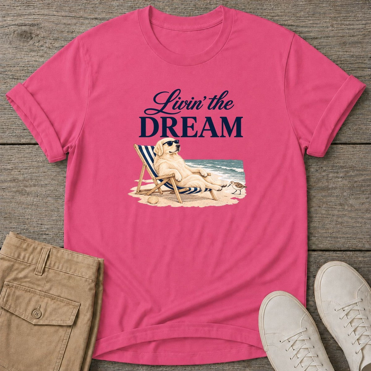 Livin' the Dream Cream Retriever T-Shirt in Heliconia, Salty Paws coastal t-shirt