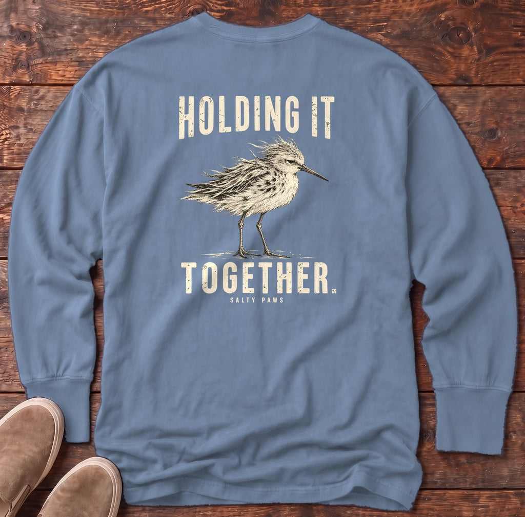 Holding It Together Sandpiper Back Design Long Sleeve Tee in Blue Jean, Salty Paws Comfort Colors Long Sleeve Tee, back design flat lay