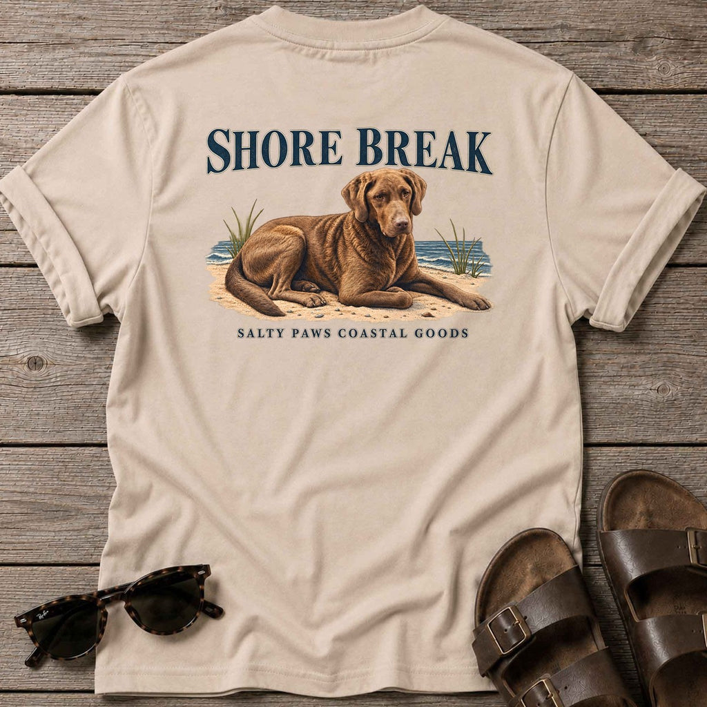 Shore Break Chesapeake Bay Retriever Back Design T-Shirt in Sand, Salty Paws coastal t-shirt