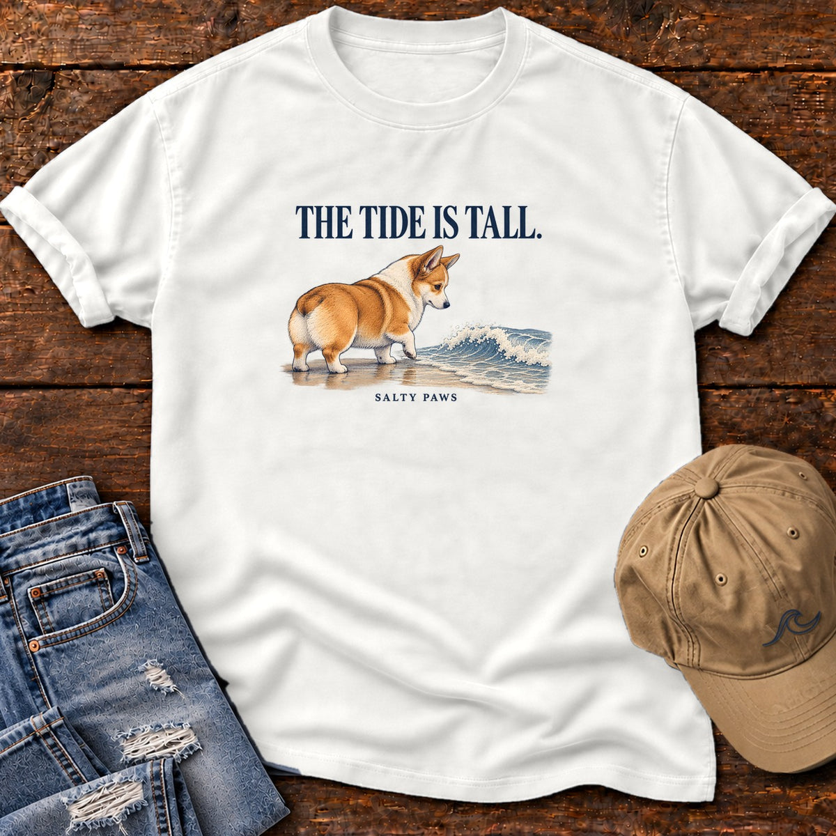 The Tide Is Tall Corgi T-Shirt in White, Salty Paws Comfort Colors T-Shirt, front design flat lay